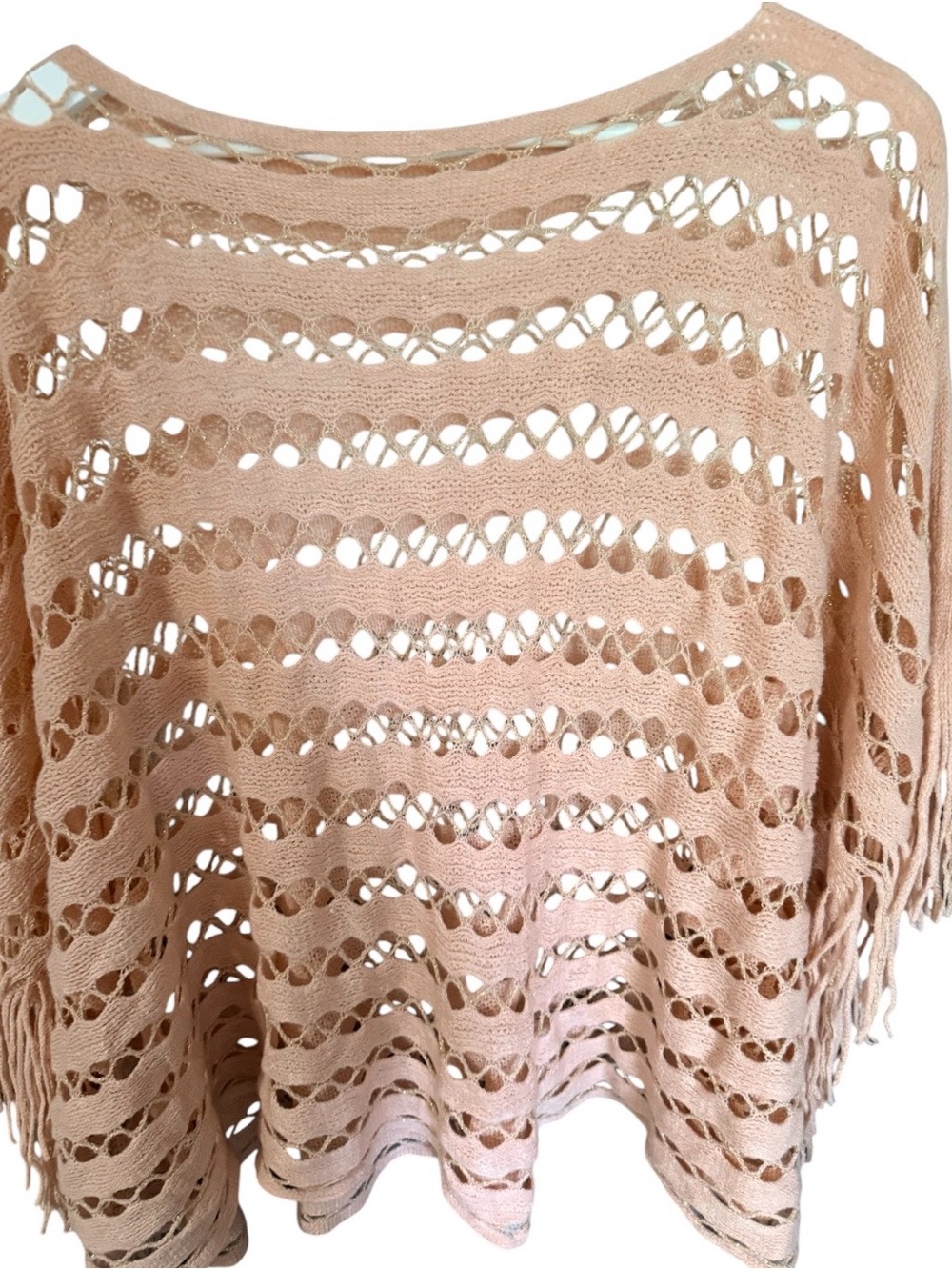 Women's Open Knit Fringe Sweater - Pink with Gold OS